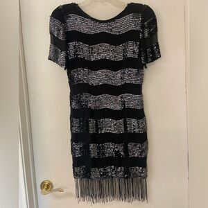 VTG 80’s 100% Silk Sequin Party Cocktail Dress Fringe Hem Black Niteline Sz 8